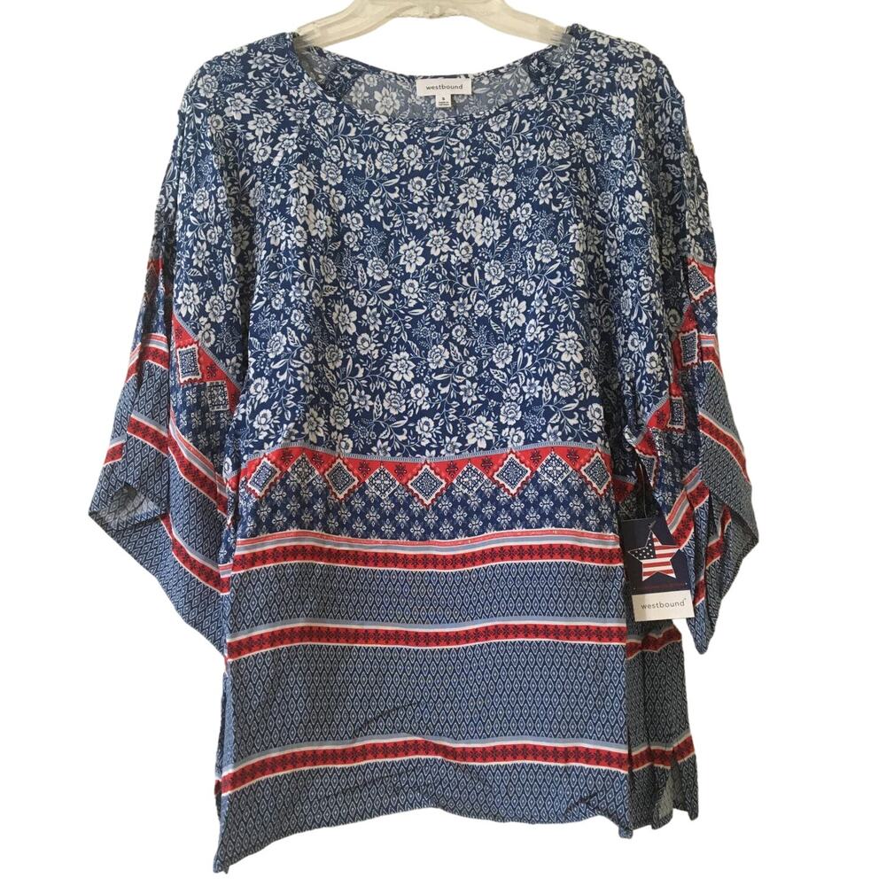 NWT Westbound Small Top Drop Shoulders Red White & Blue Floral & Stripes